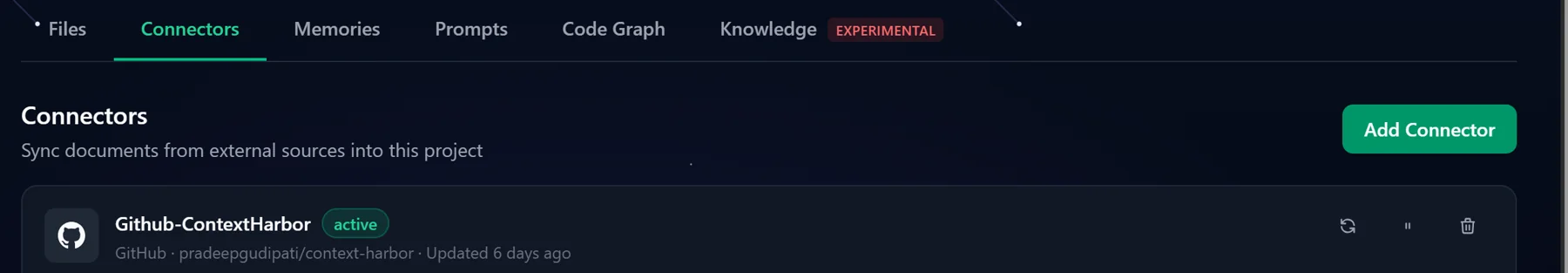 ContextHarbor project Connectors tab: an Add Connector button and an active GitHub connector showing its repository and last sync time