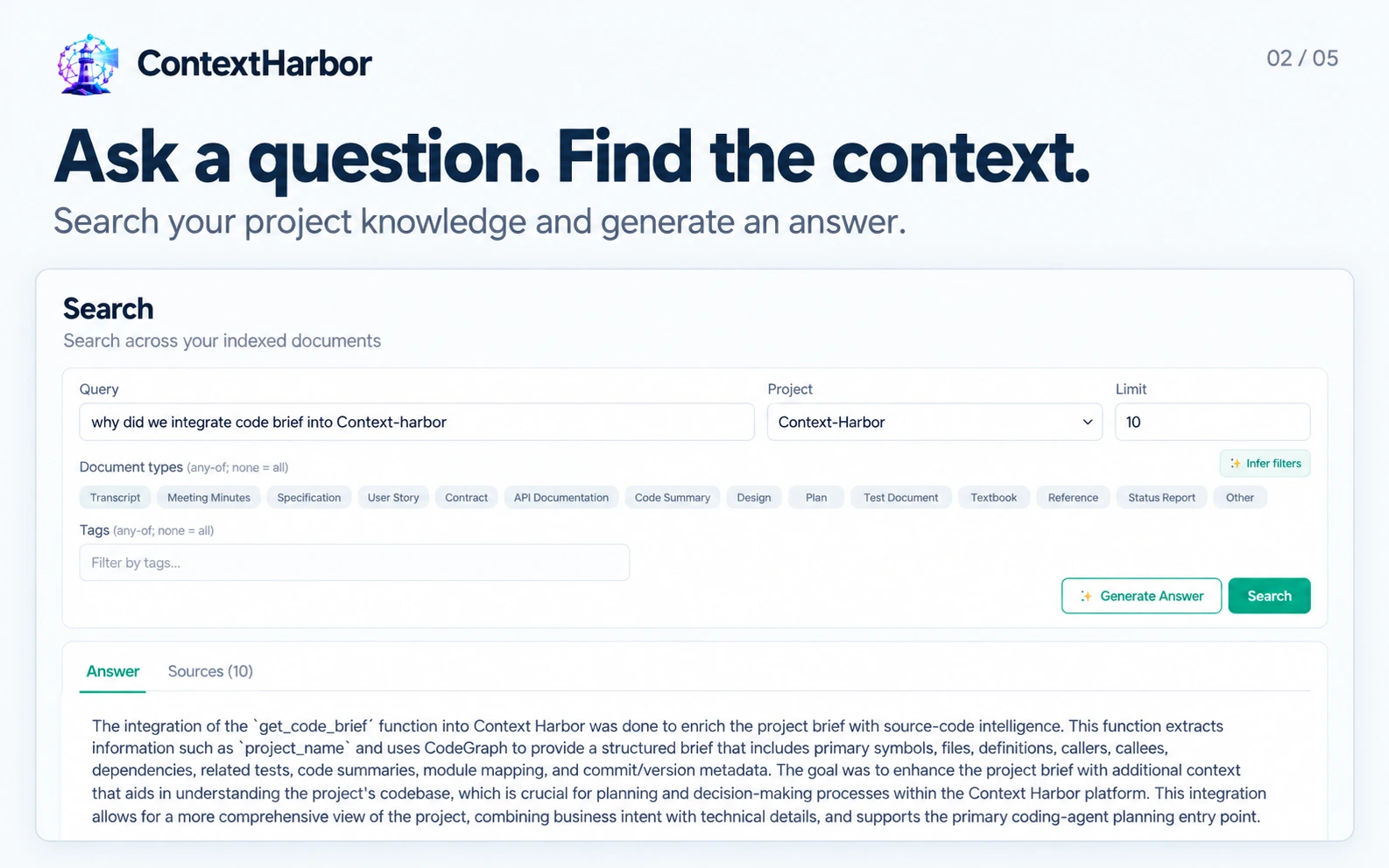 ContextHarbor search query and generated project answer