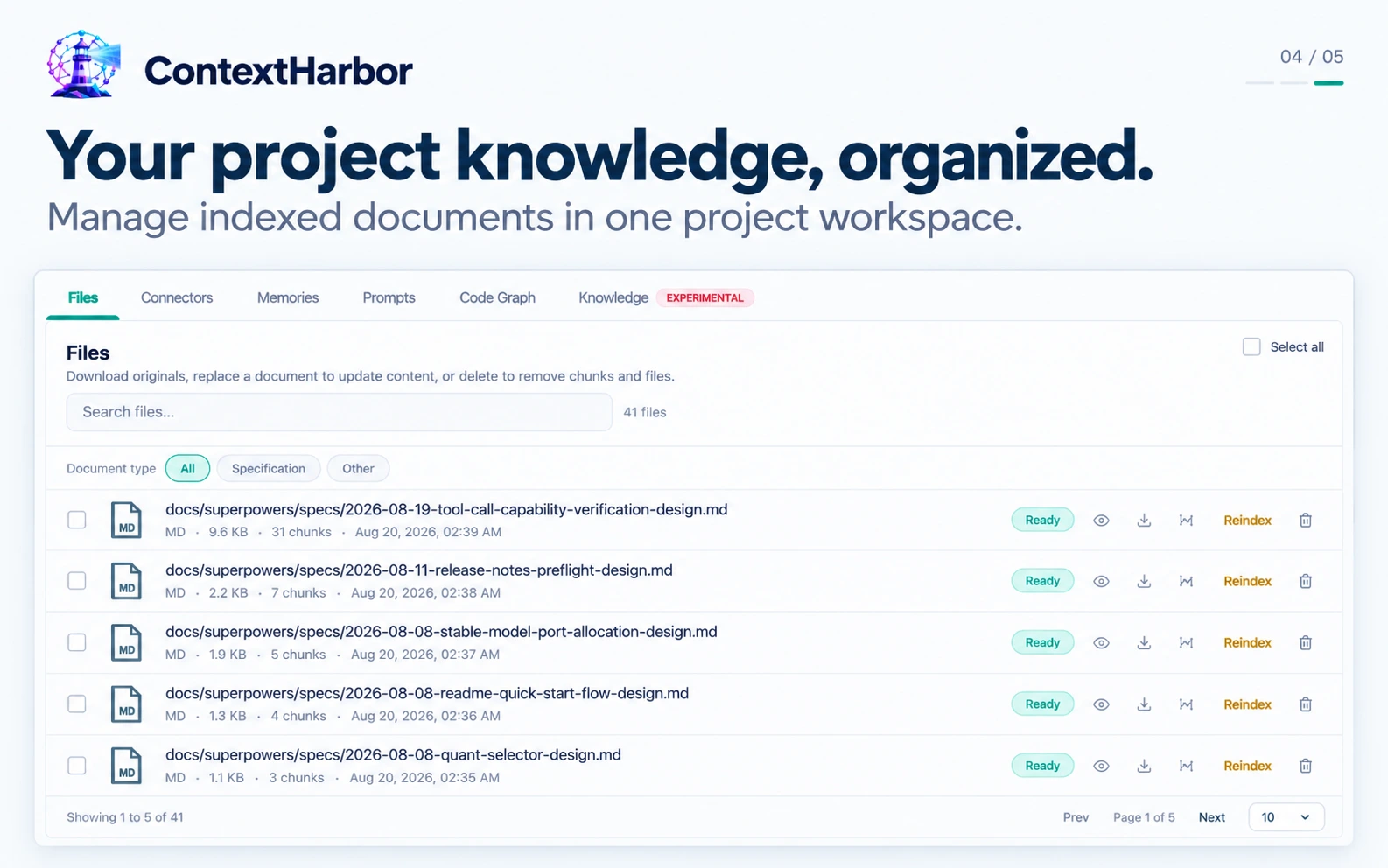 ContextHarbor indexed document list with ready statuses