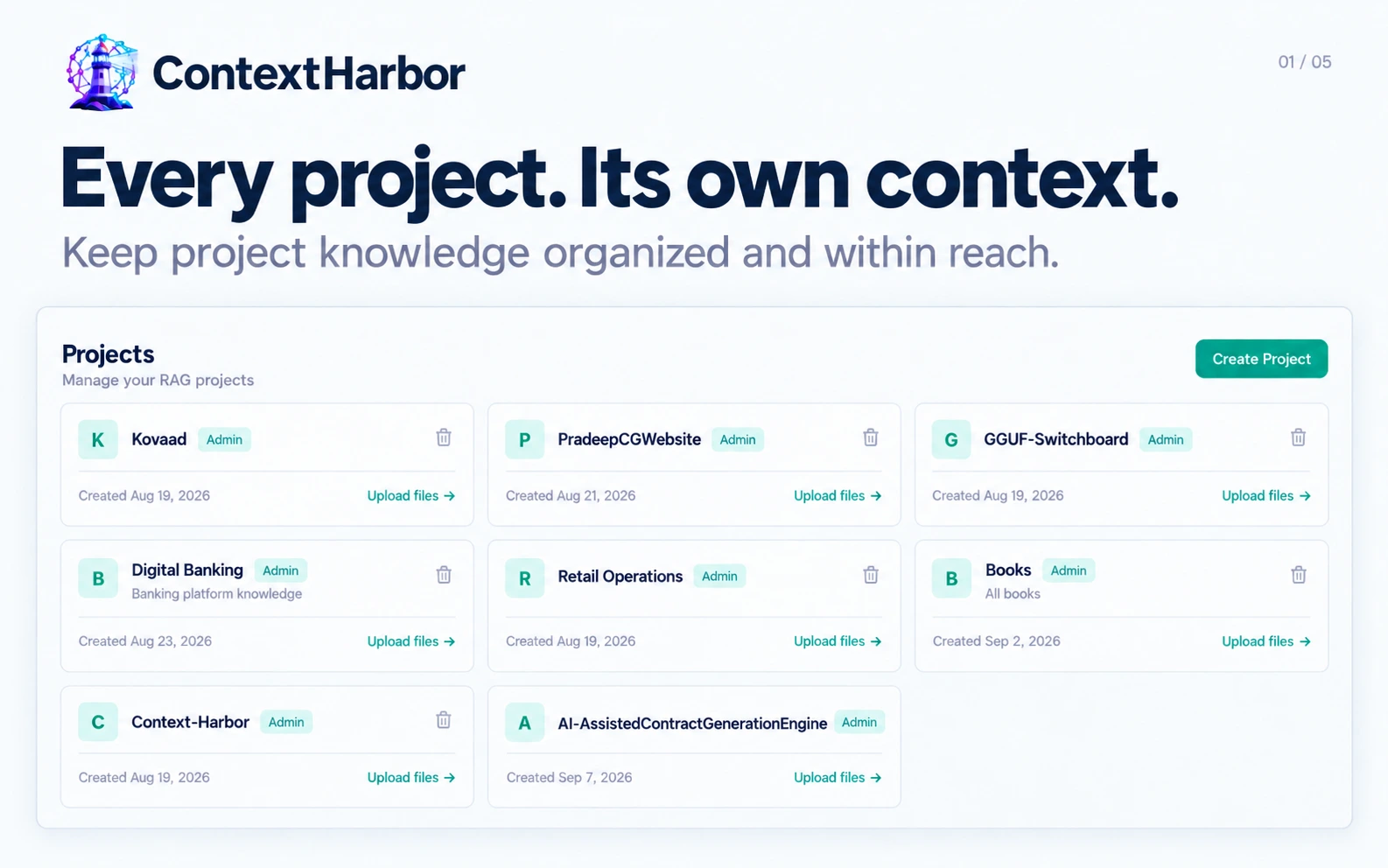 ContextHarbor project workspaces with retail and banking examples