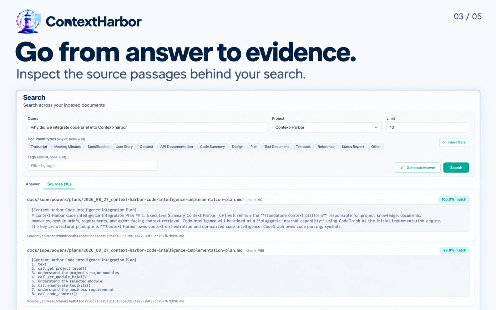 ContextHarbor source passages for a project search