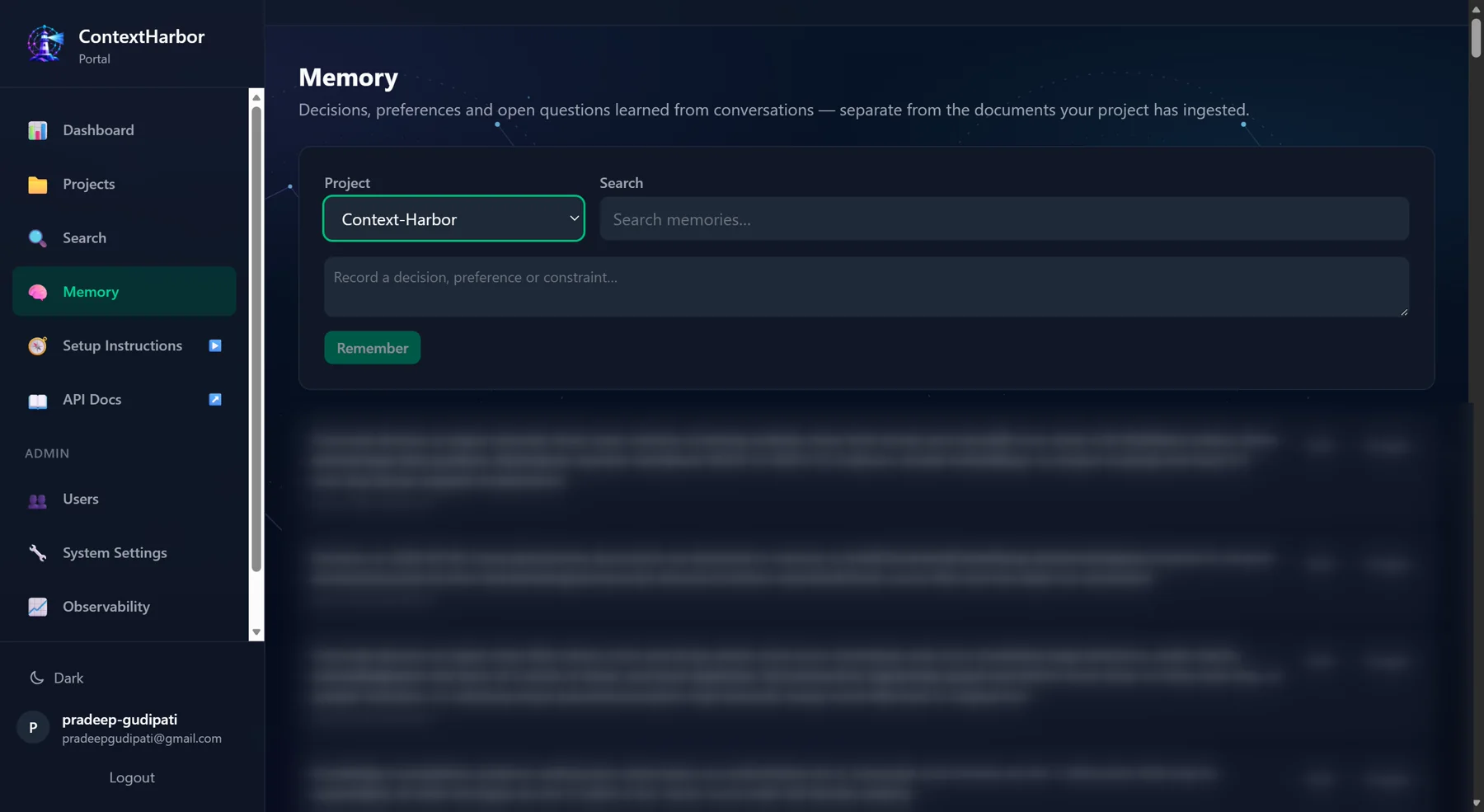ContextHarbor Memory view for a project: a search box, a field to record a decision, and a list of stored memory entries with edit and forget controls