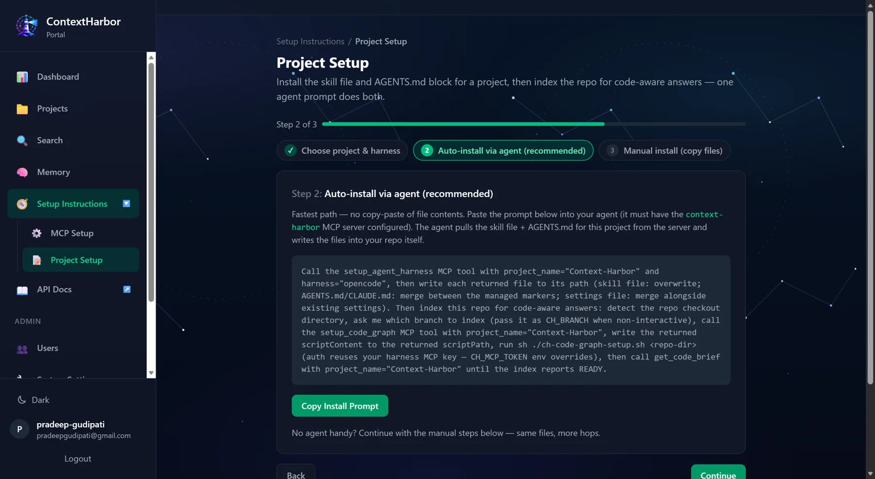 ContextHarbor Project Setup, step 2: a single copyable install prompt that tells a connected agent to call setup_agent_harness and index the repo