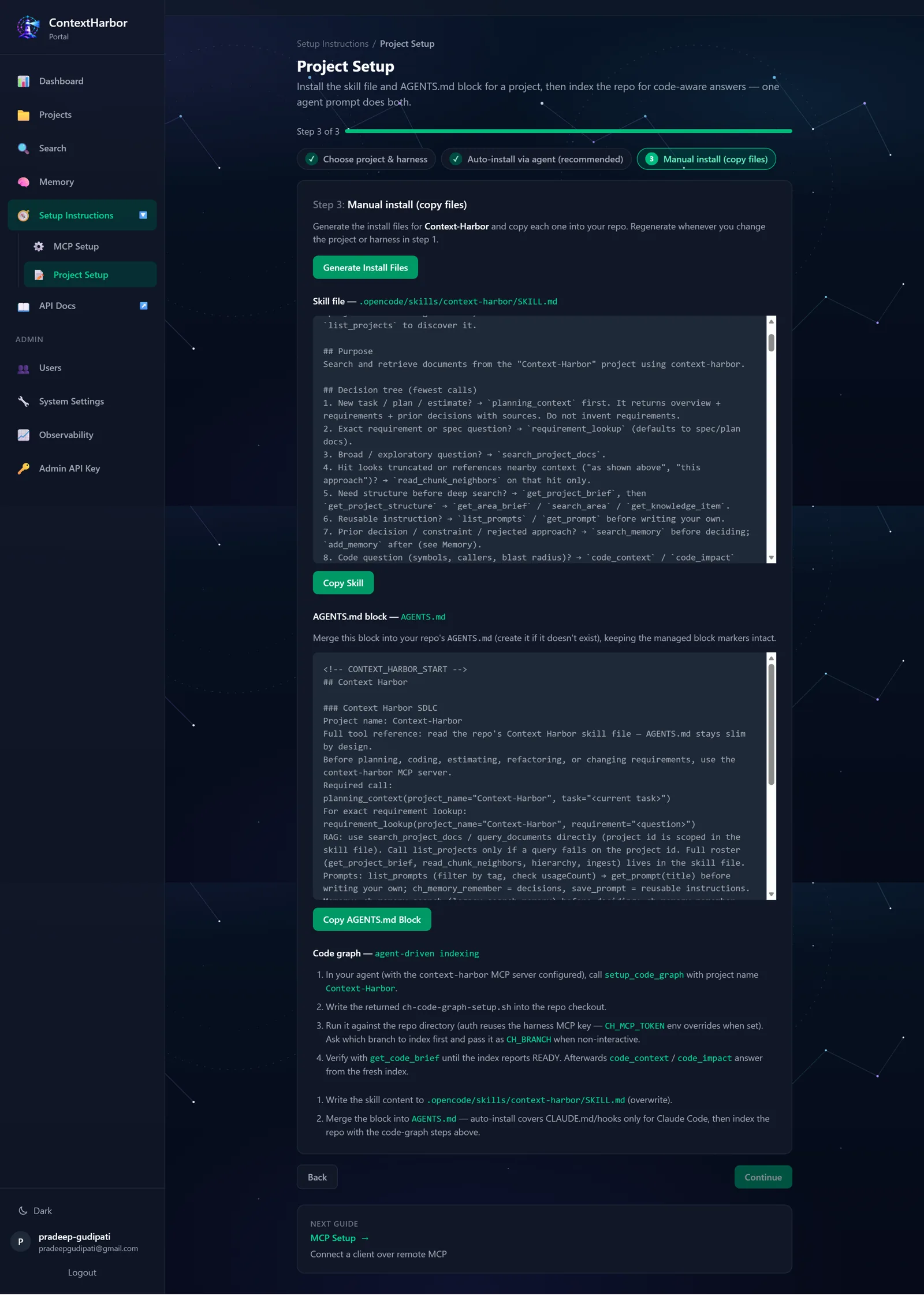 ContextHarbor Project Setup, step 3: generated skill file, AGENTS.md block, and code-graph steps each with a copy button