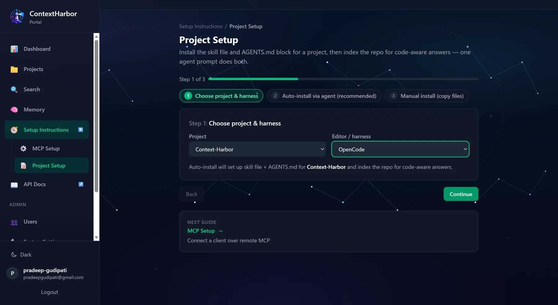 ContextHarbor Project Setup, step 1: choosing the project and editor or harness from two dropdowns